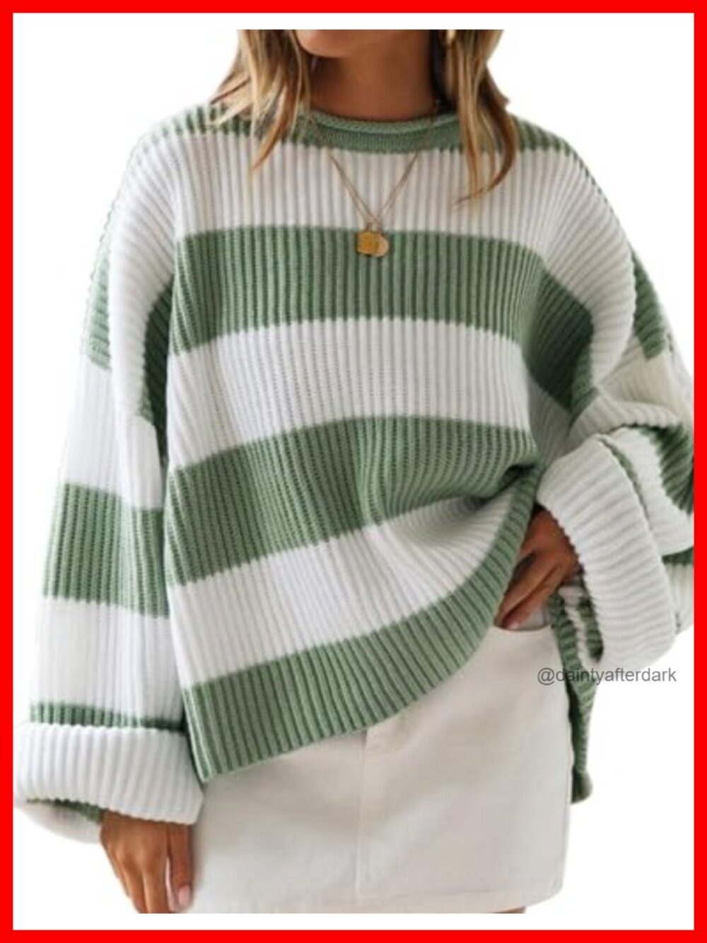 Striped Knit Pullover Sweater Oversized Flared Long Sleeve Crew Neck